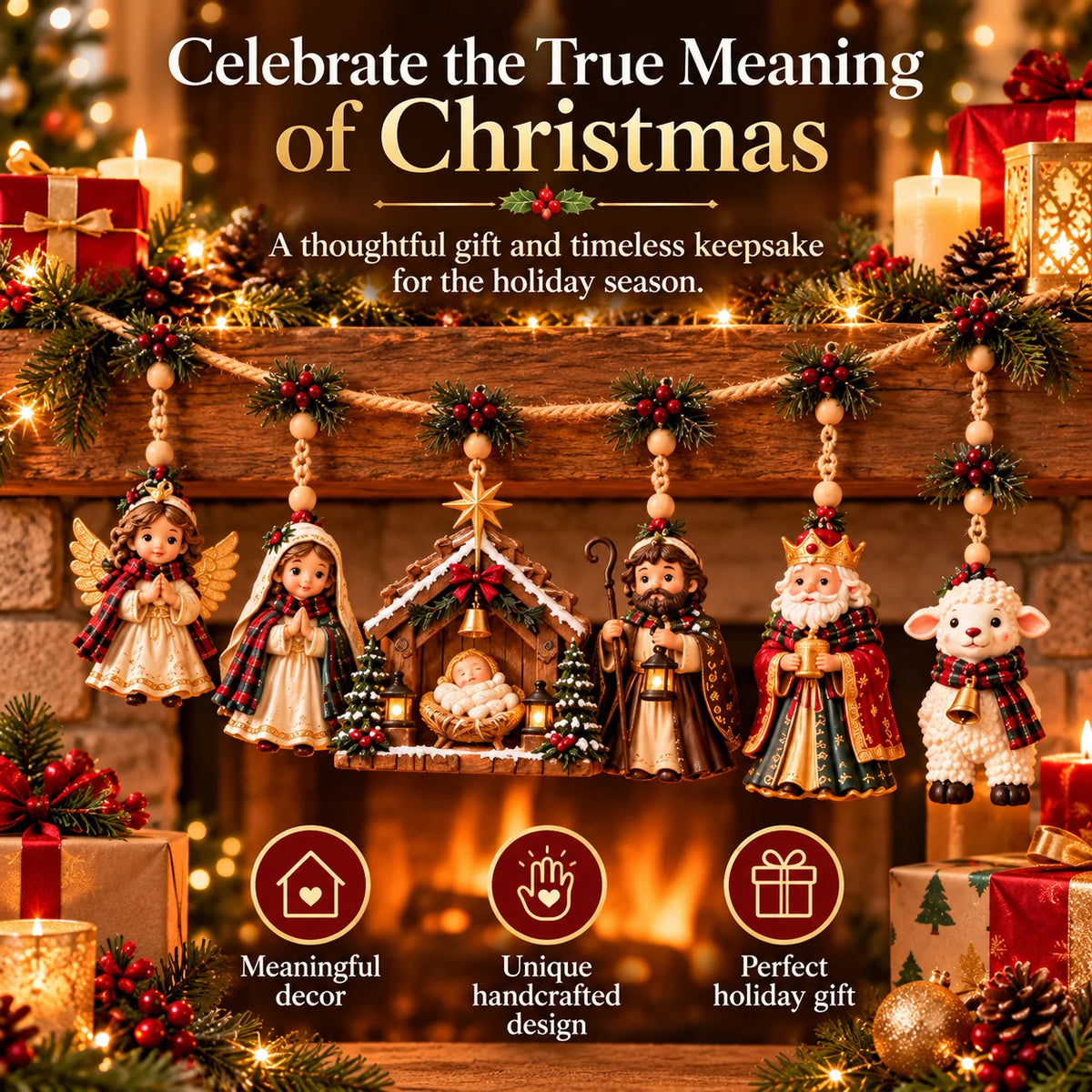 ✝️🎄 Bethlehem Blessings™ – Christmas Nativity Hanging Garland | Holy Family, Angel & Lamb Mantel Decor | Christian Christmas Gift