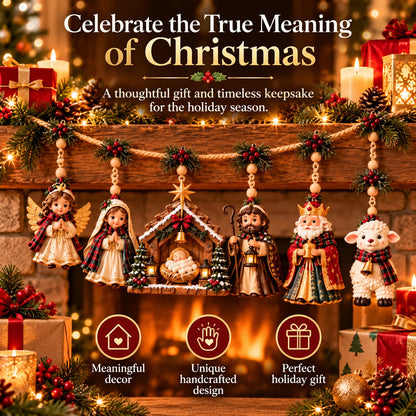 ✝️🎄 Bethlehem Blessings™ – Christmas Nativity Hanging Garland | Holy Family, Angel & Lamb Mantel Decor | Christian Christmas Gift