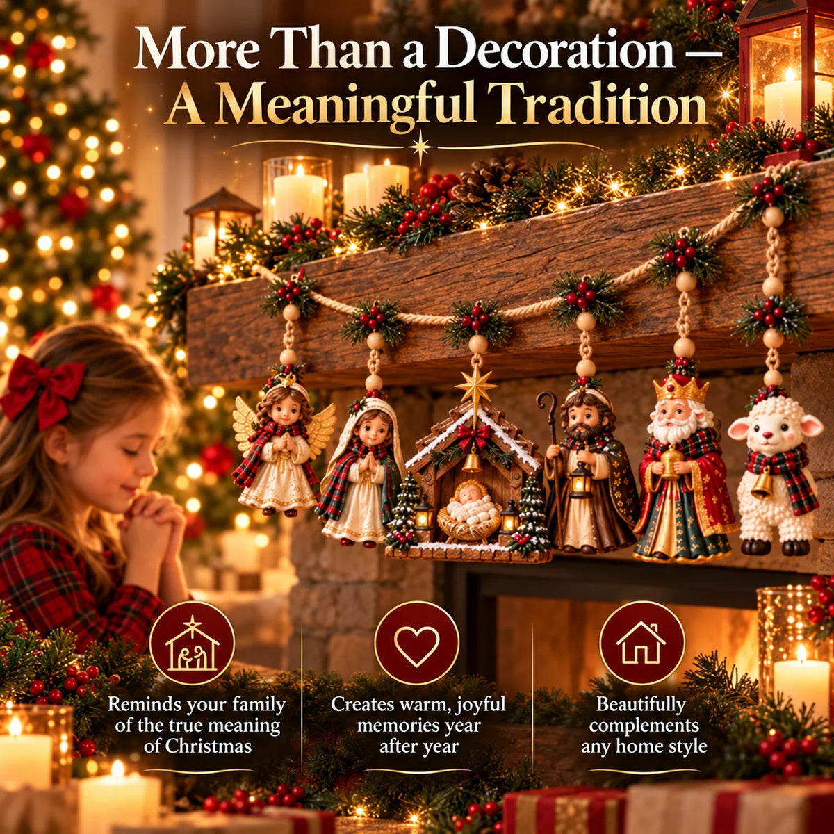✝️🎄 Bethlehem Blessings™ – Christmas Nativity Hanging Garland | Holy Family, Angel & Lamb Mantel Decor | Christian Christmas Gift
