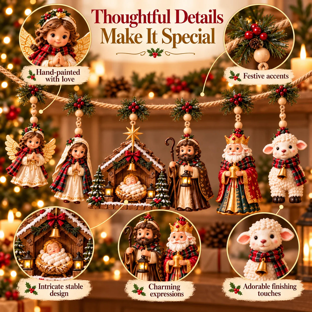 ✝️🎄 Bethlehem Blessings™ – Christmas Nativity Hanging Garland | Holy Family, Angel & Lamb Mantel Decor | Christian Christmas Gift