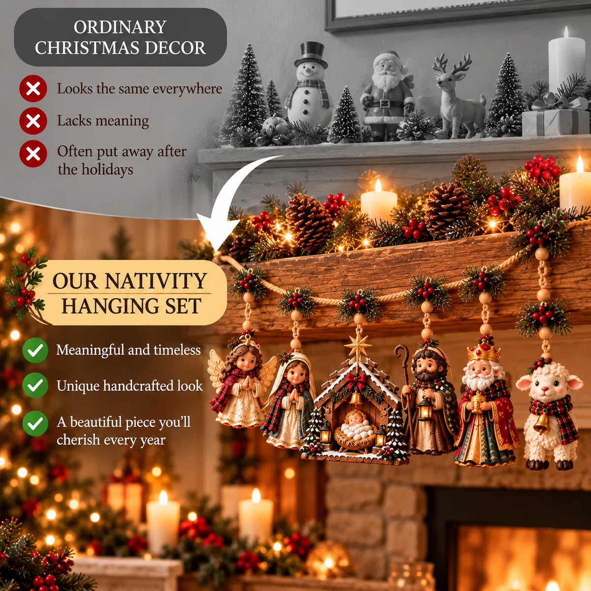 ✝️🎄 Bethlehem Blessings™ – Christmas Nativity Hanging Garland | Holy Family, Angel & Lamb Mantel Decor | Christian Christmas Gift