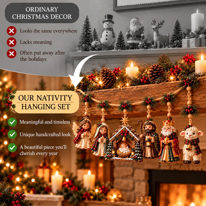 ✝️🎄 Bethlehem Blessings™ – Christmas Nativity Hanging Garland | Holy Family, Angel & Lamb Mantel Decor | Christian Christmas Gift