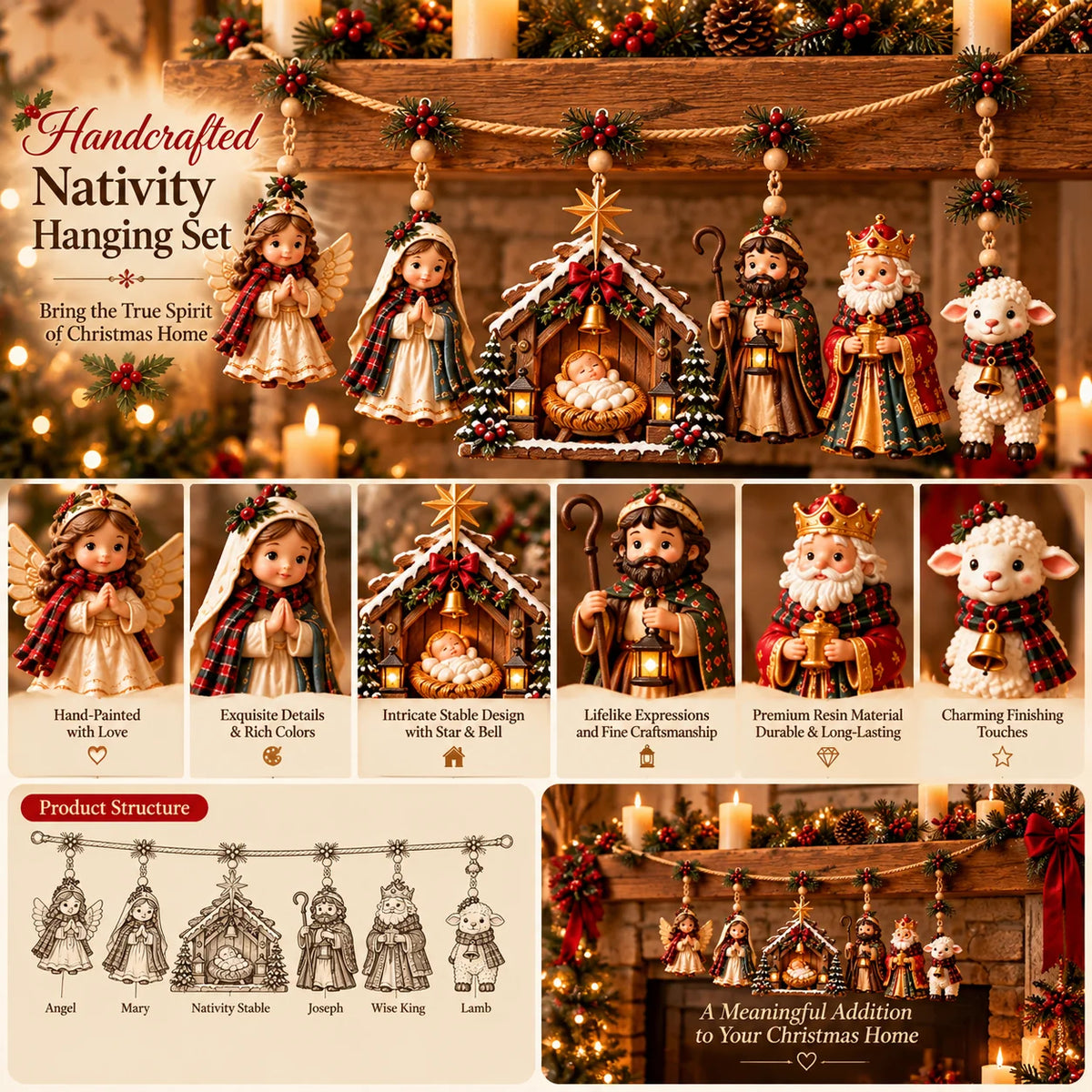 ✝️🎄 Bethlehem Blessings™ – Christmas Nativity Hanging Garland | Holy Family, Angel & Lamb Mantel Decor | Christian Christmas Gift