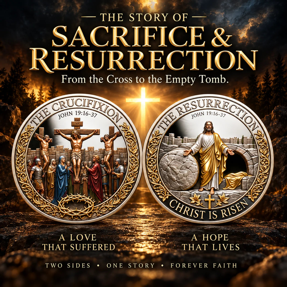 Two Sides, One Promise – Crucifixion & Resurrection Commemorative Badge