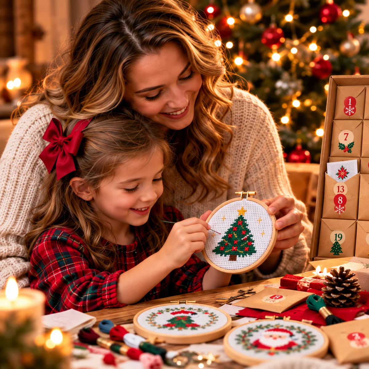 🎄🧵 24-Day Christmas Cross-Stitch Advent Calendar – 24 Surprise Patterns in Numbered Kraft Envelopes | DIY Embroidery Kit & Creative Holiday Gift