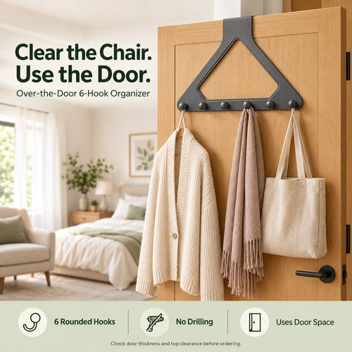 🚪 Over-the-Door 6-Hook Organizer – No-Drill Triangle Rack for Clothes, Towels, Hats & Bags