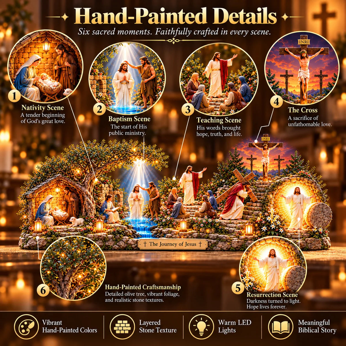 ✝️✨ The Journey of Jesus™ – Lighted 3D Biblical Story Centerpiece | Six Sacred Moments of Faith