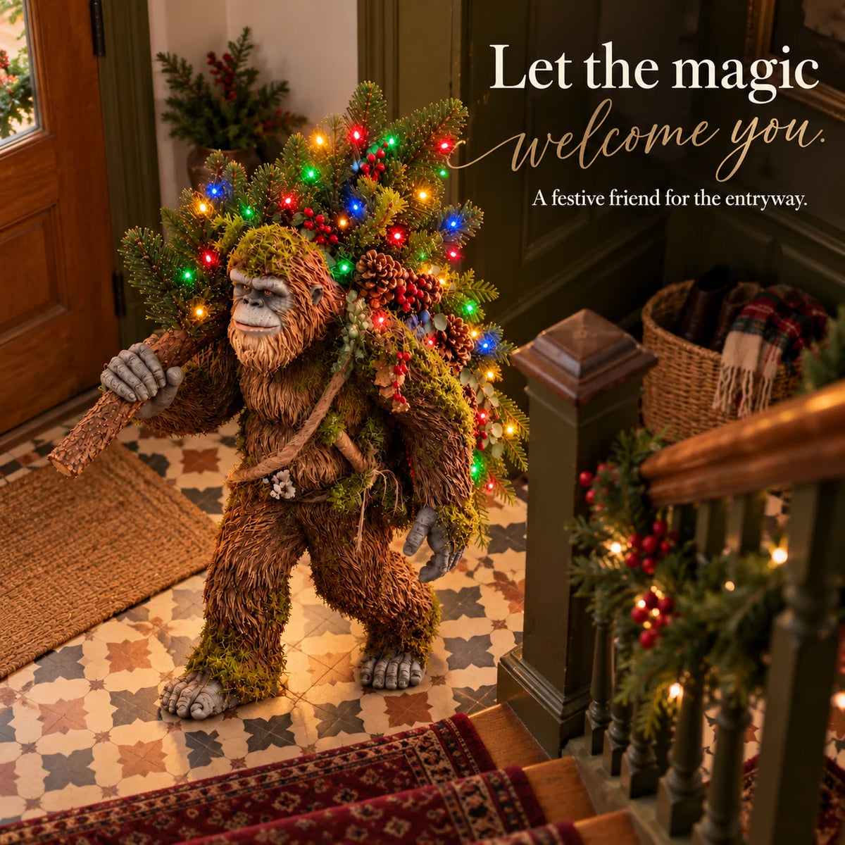 🔥 LAST DAY 50% OFF 🔥🦶 Woodland Sasquatch Christmas™ – Lighted Bigfoot Porch Decor with Evergreen, Berries & Colorful Holiday Lights 🎄✨