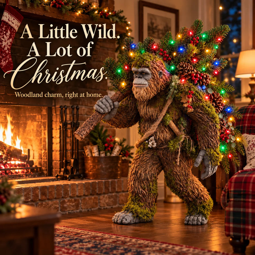 Lighted Sasquatch beside a cozy fireplace in a rustic Christmas living room
