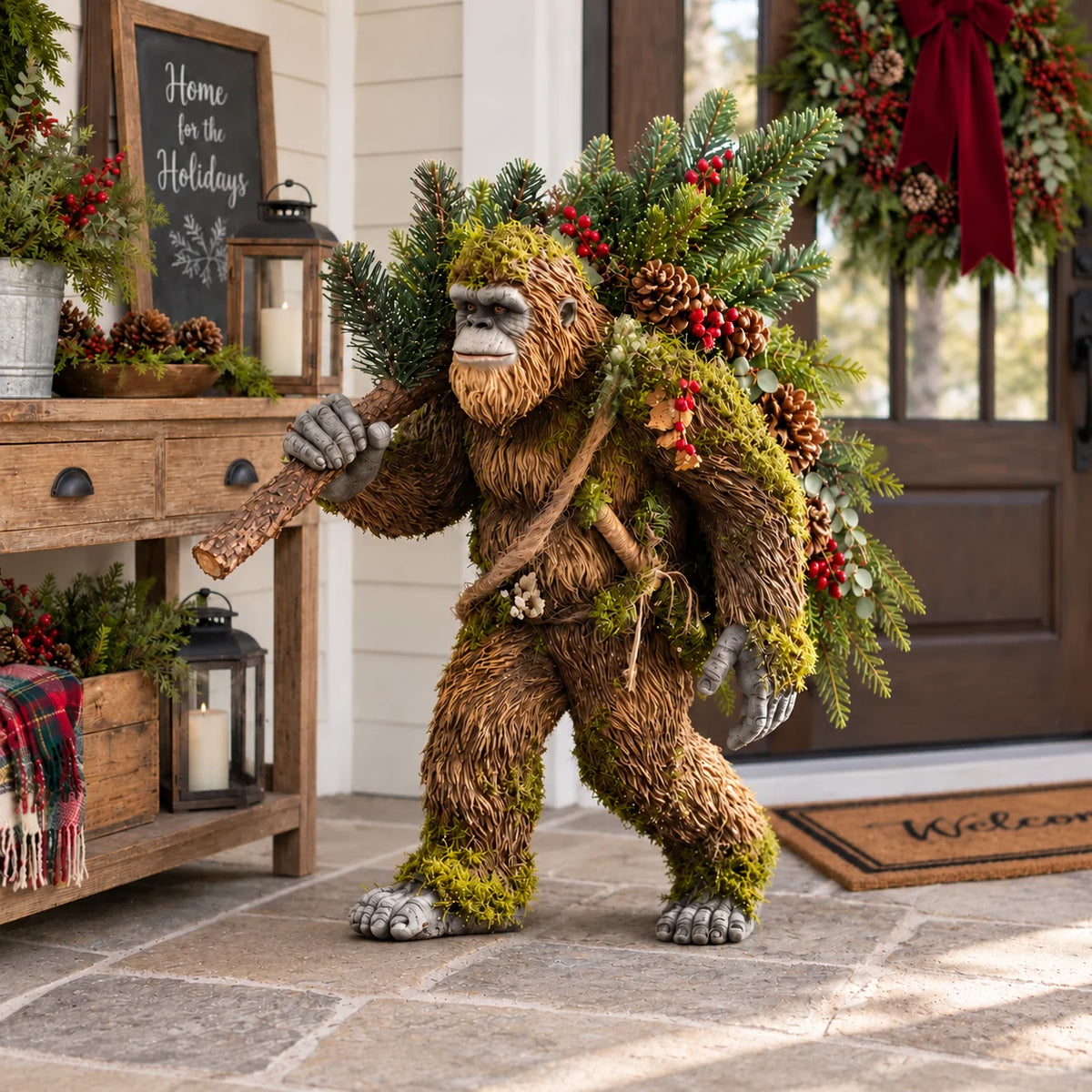 🔥 LAST DAY 50% OFF 🔥🦶 Woodland Sasquatch Christmas™ – Lighted Bigfoot Porch Decor with Evergreen, Berries & Colorful Holiday Lights 🎄✨