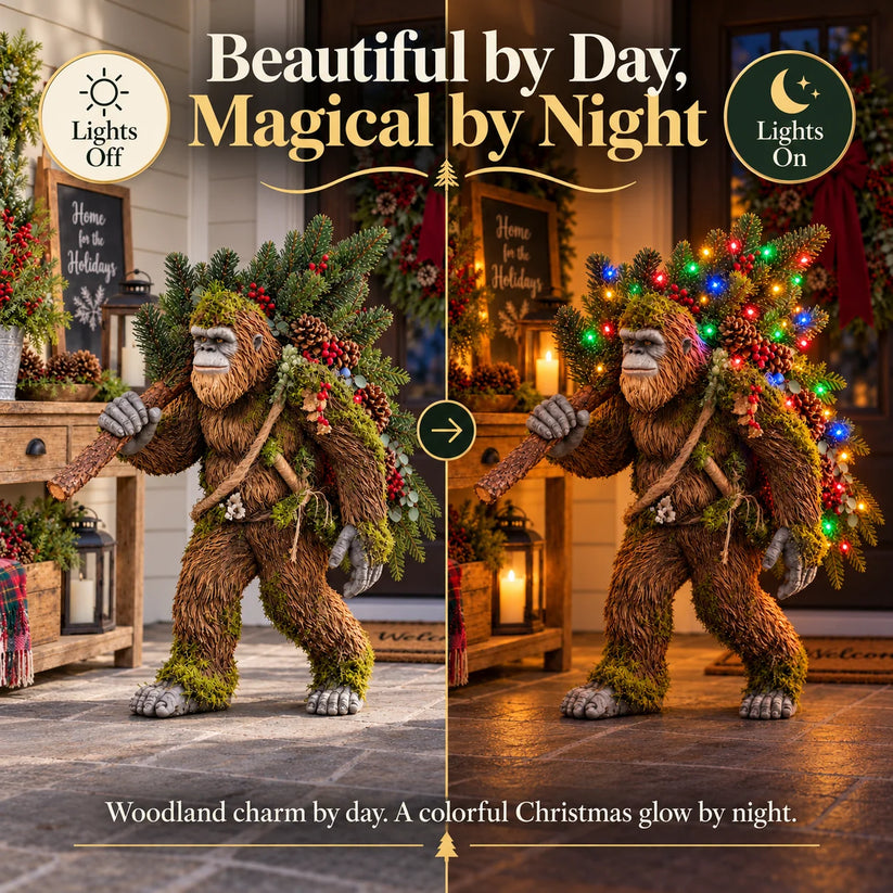 Day and night display of the Woodland Sasquatch with colorful Christmas tree lights