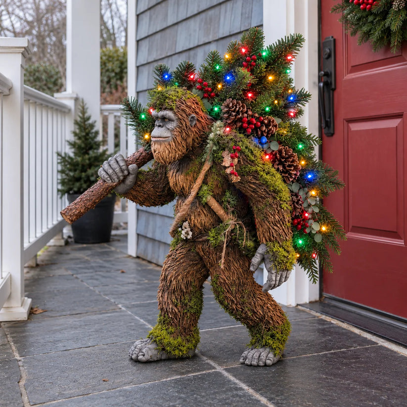 Woodland Bigfoot carrying a festive Christmas tree outside a red front door