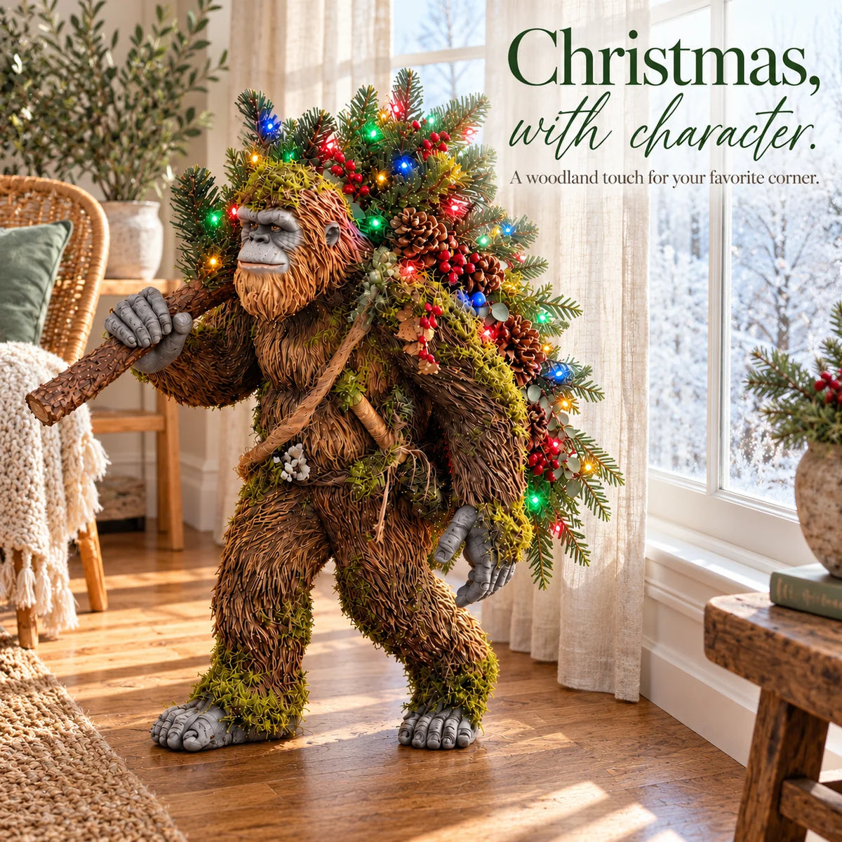 🔥 LAST DAY 50% OFF 🔥🦶 Woodland Sasquatch Christmas™ – Lighted Bigfoot Porch Decor with Evergreen, Berries & Colorful Holiday Lights 🎄✨