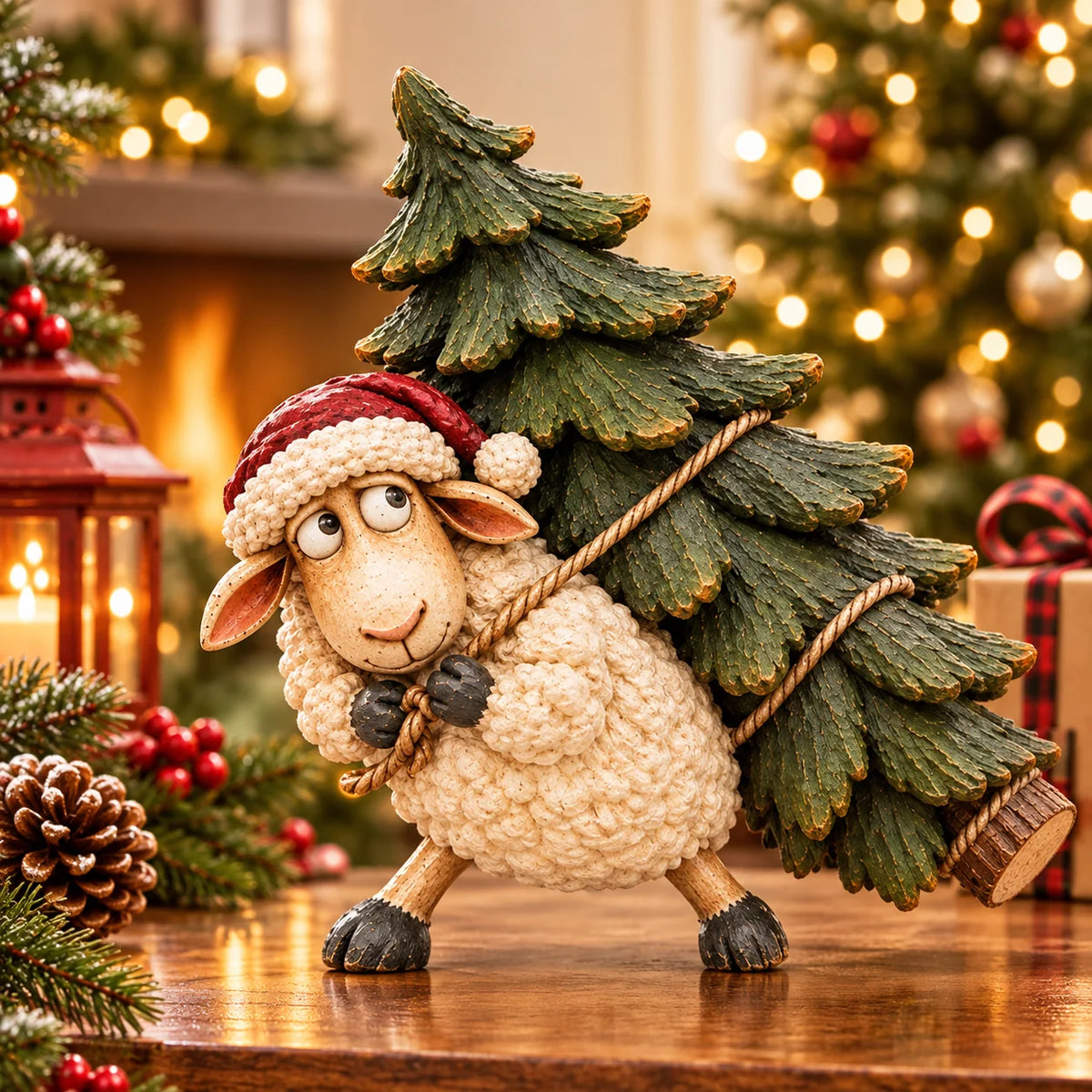 🐑Little Woolly's Christmas Mission™ – Whimsical Sheep Carrying Christmas Tree Figurine