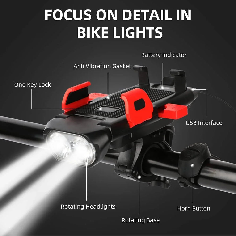 Original product feature image labeling the phone clamp, battery indicator, horn button and rotating base