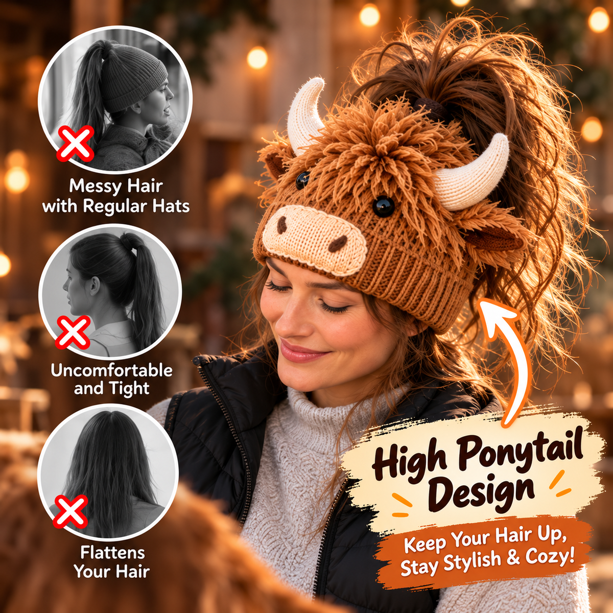 🐮🐴 Cozy Farm Friends™ – Highland Cow & Horse Ponytail Beanie | Cute Animal Knit Winter Hat for Men & Women