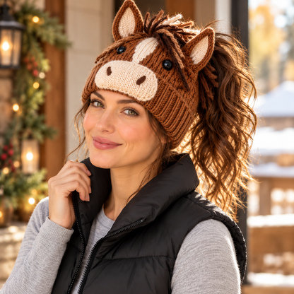 🐮🐴 Cozy Farm Friends™ – Highland Cow & Horse Ponytail Beanie | Cute Animal Knit Winter Hat for Men & Women