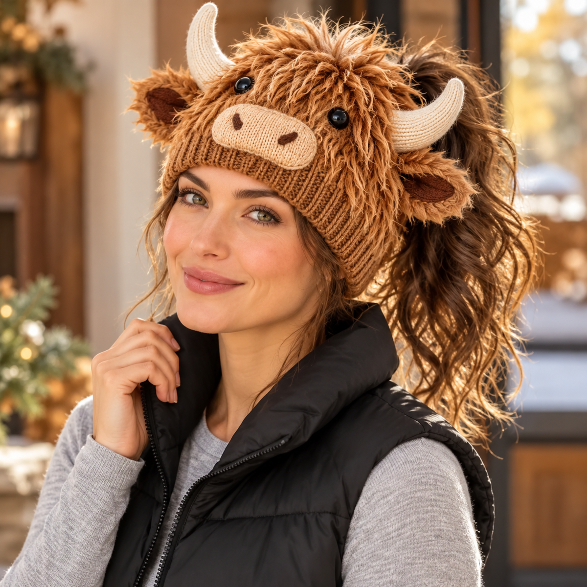 🐮🐴 Cozy Farm Friends™ – Highland Cow & Horse Ponytail Beanie | Cute Animal Knit Winter Hat for Men & Women