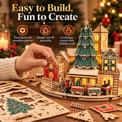 🎄🚂 Christmas Magic Village™ – 3D Wooden Puzzle DIY Kit with Christmas Tree, Clock Tower & Mini Train | Lighted Christmas Village Decor