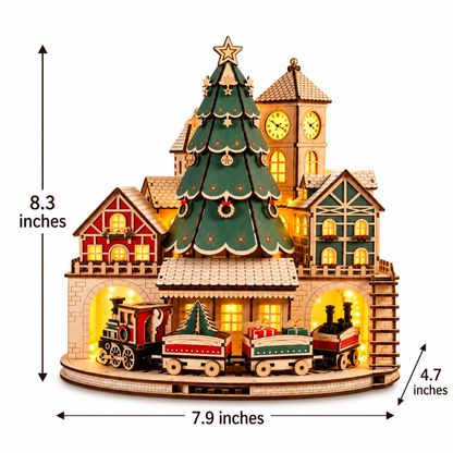 🎄🚂 Christmas Magic Village™ – 3D Wooden Puzzle DIY Kit with Christmas Tree, Clock Tower & Mini Train | Lighted Christmas Village Decor