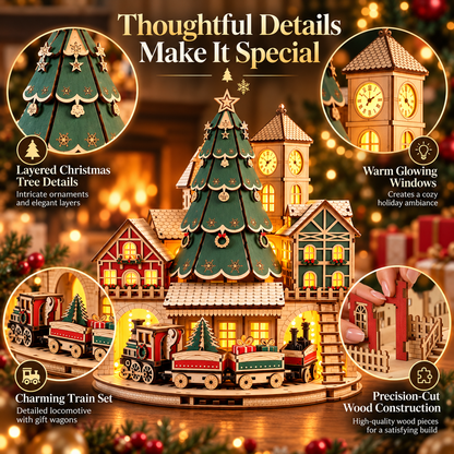 🎄🚂 Christmas Magic Village™ – 3D Wooden Puzzle DIY Kit with Christmas Tree, Clock Tower & Mini Train | Lighted Christmas Village Decor