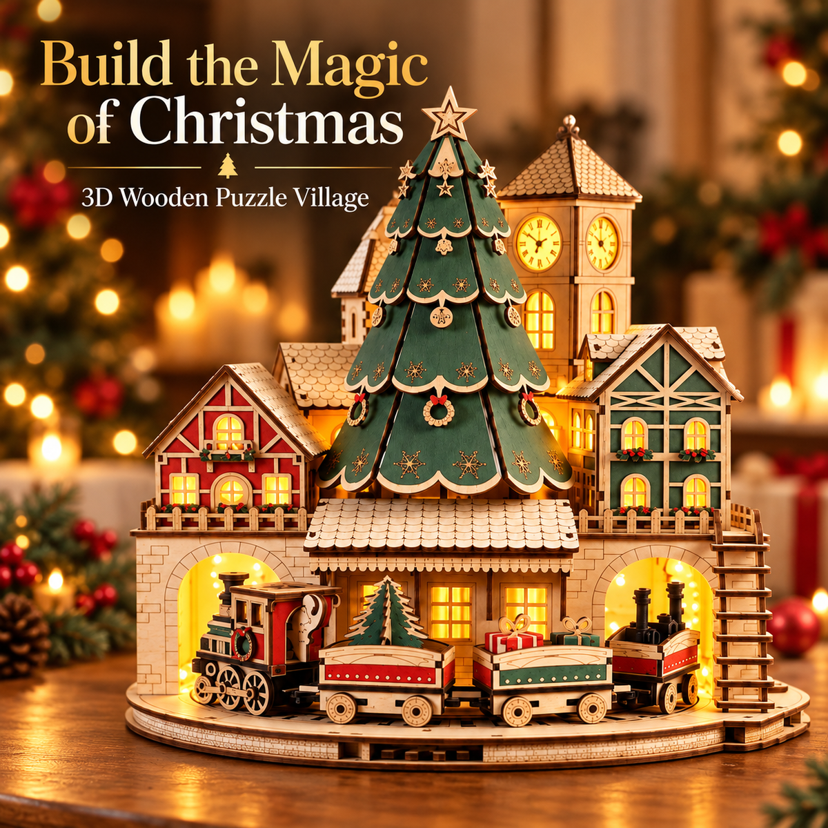 🎄🚂 Christmas Magic Village™ – 3D Wooden Puzzle DIY Kit with Christmas Tree, Clock Tower & Mini Train | Lighted Christmas Village Decor