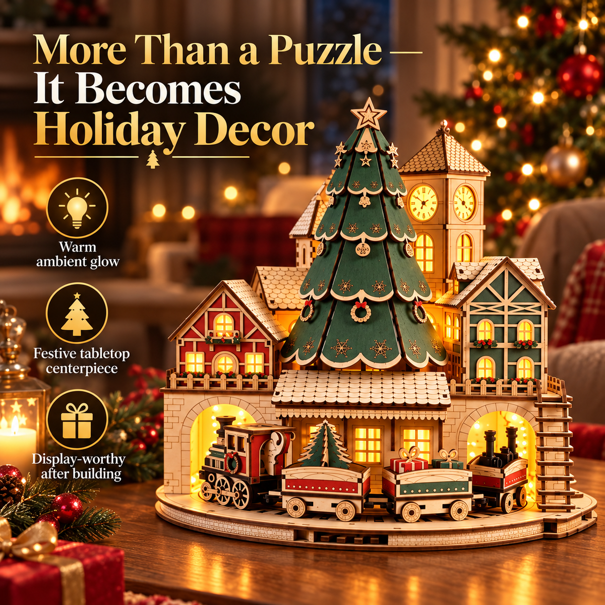 🎄🚂 Christmas Magic Village™ – 3D Wooden Puzzle DIY Kit with Christmas Tree, Clock Tower & Mini Train | Lighted Christmas Village Decor
