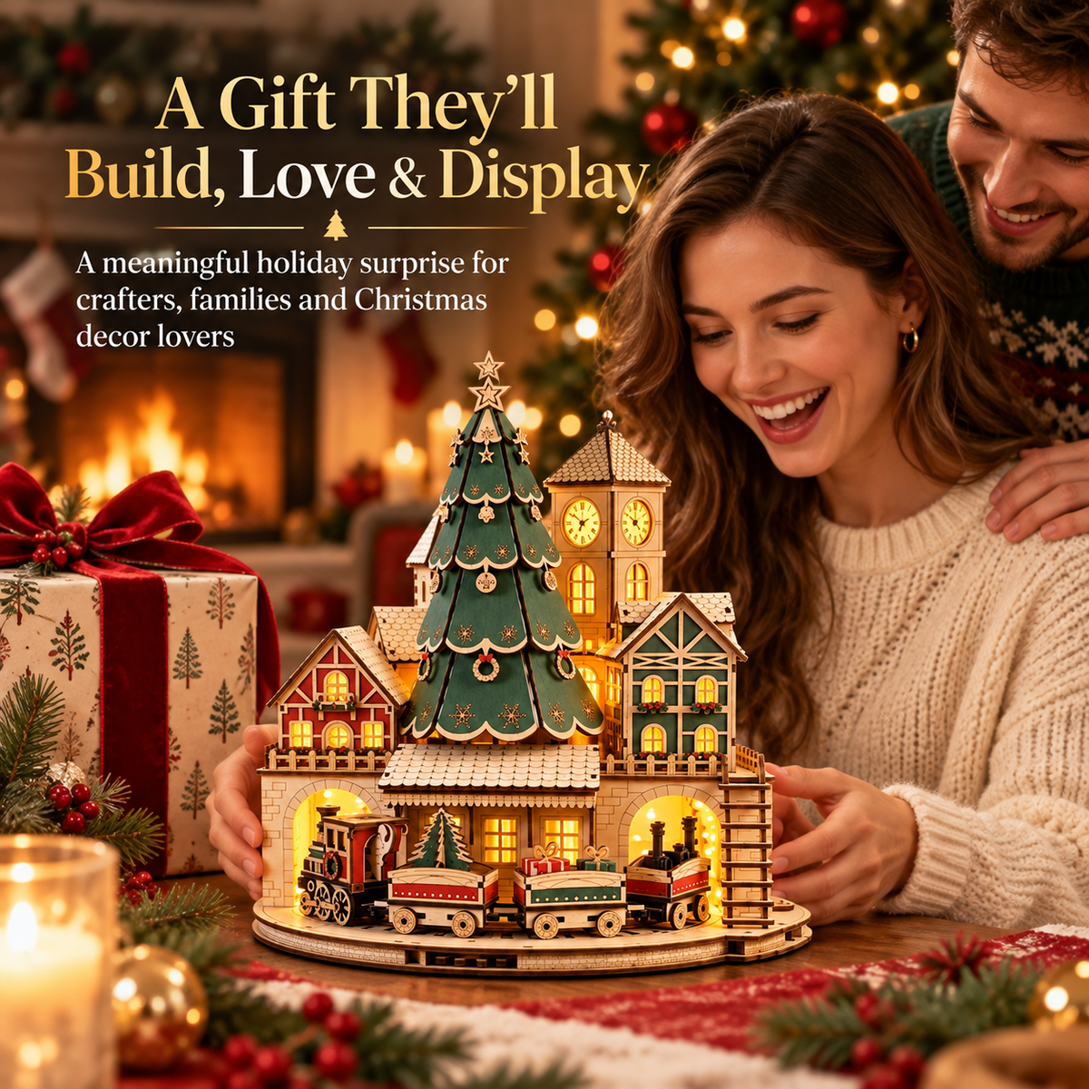 🎄🚂 Christmas Magic Village™ – 3D Wooden Puzzle DIY Kit with Christmas Tree, Clock Tower & Mini Train | Lighted Christmas Village Decor