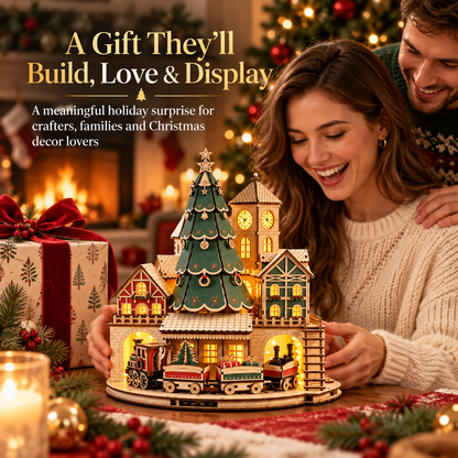 🎄🚂 Christmas Magic Village™ – 3D Wooden Puzzle DIY Kit with Christmas Tree, Clock Tower & Mini Train | Lighted Christmas Village Decor
