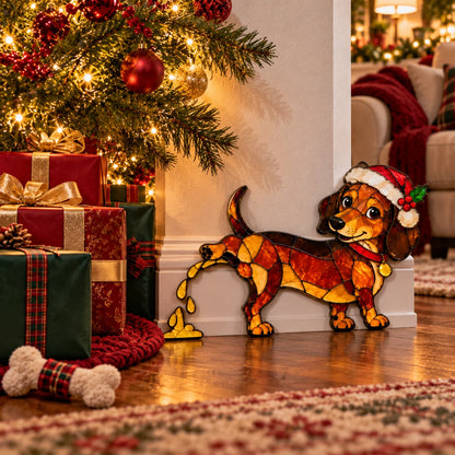 Funny Peeing Dachshund Christmas Decoration – Stained Glass-Style Sausage Dog Yard Art & Baseboard Decor