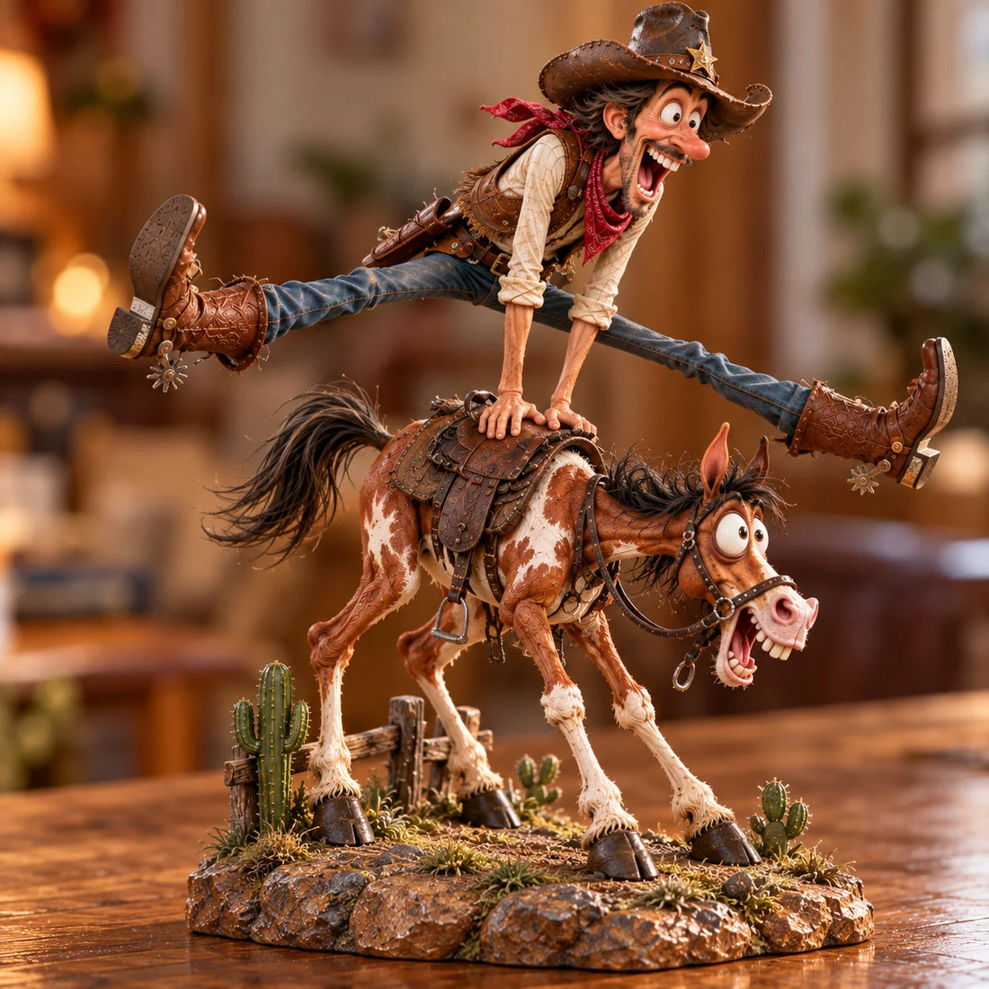 Hold My Hat Western figurine showing a laughing cowboy balanced with legs stretched wide over a shocked brown-and-white horse on a rocky cactus base