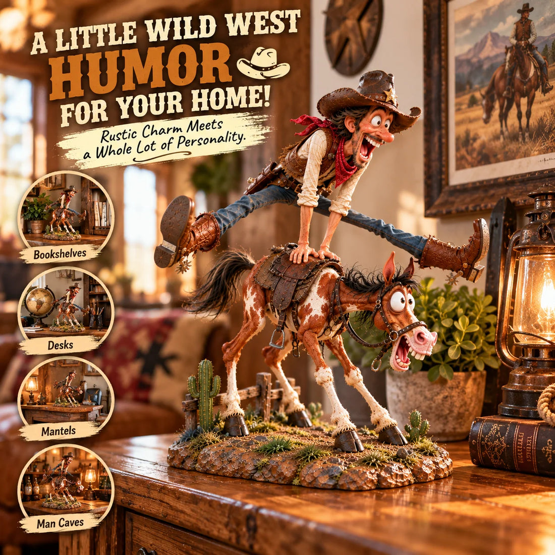 Original Western room styling collage showing the cowboy-and-horse figurine on bookshelves, desks, mantels and man cave surfaces