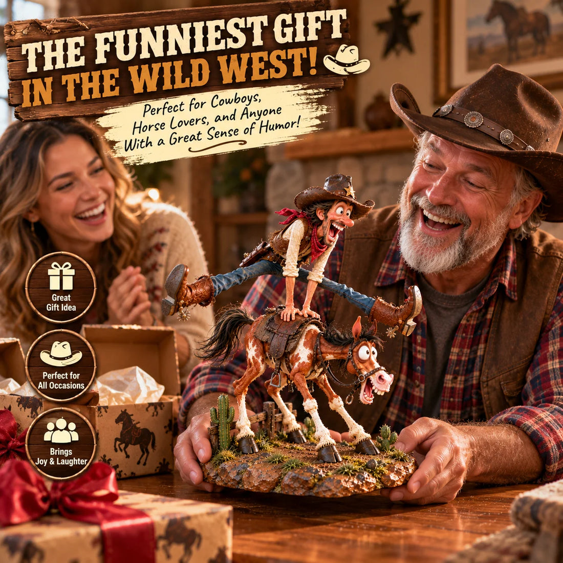Older man wearing a cowboy hat smiling while receiving the Hold My Hat funny cowboy-and-horse figurine as a Western-themed gift