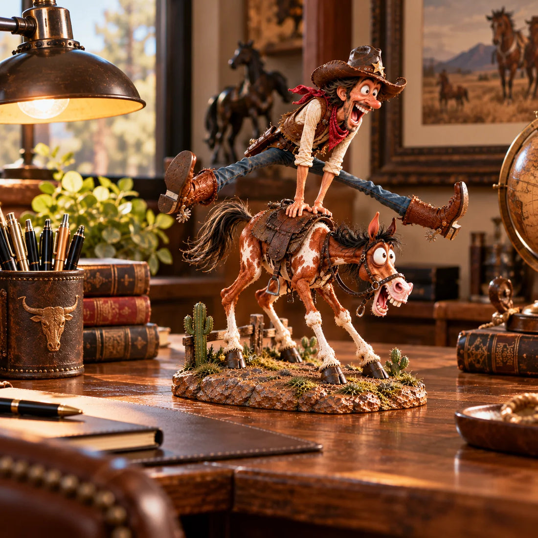 Hold My Hat Western figurine displayed on a rustic wooden office desk with leather books, pens, desk lamp and globe