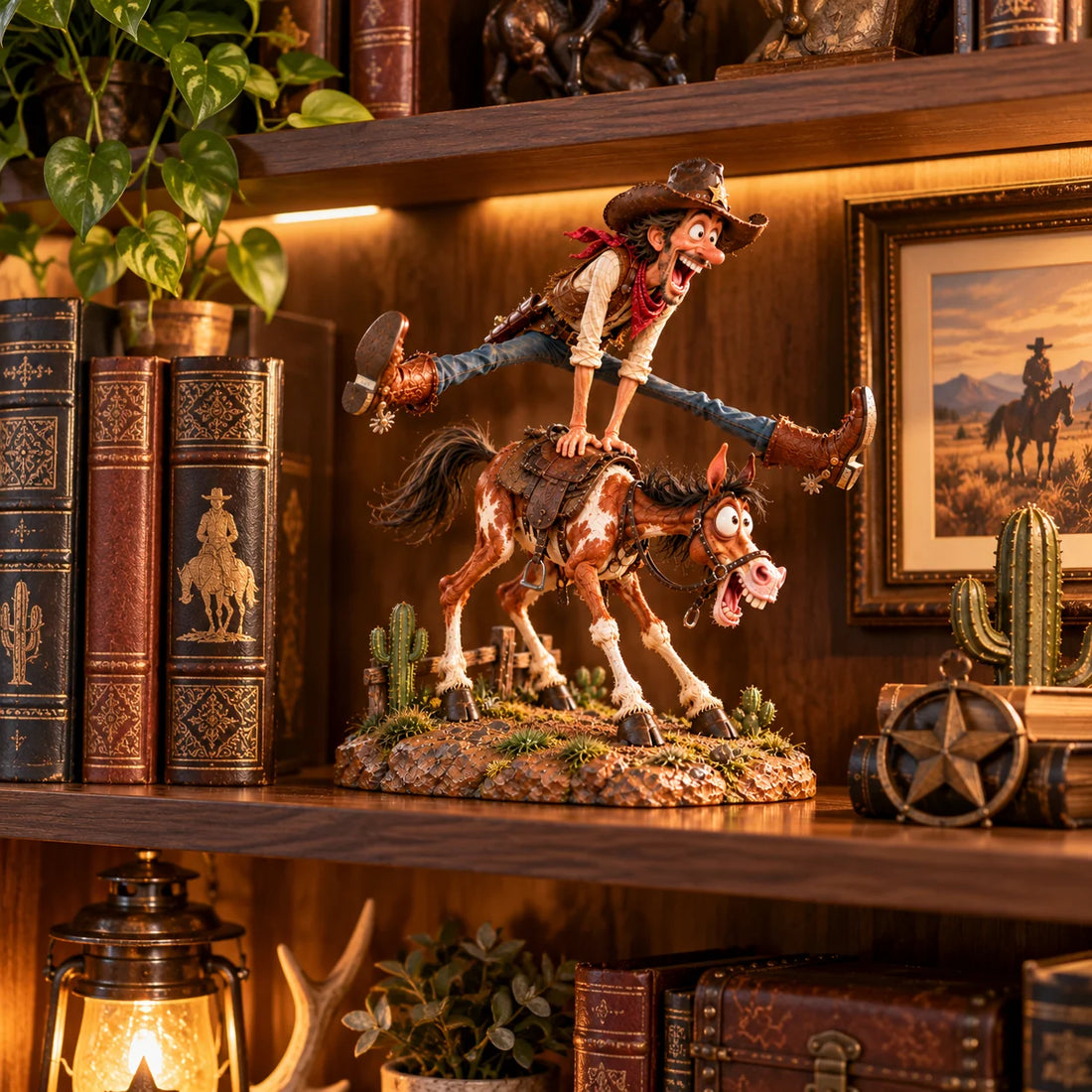 Cowboy and surprised horse figurine displayed among antique Western books, horse artwork, cactus accents and rustic decor on a wooden bookshelf