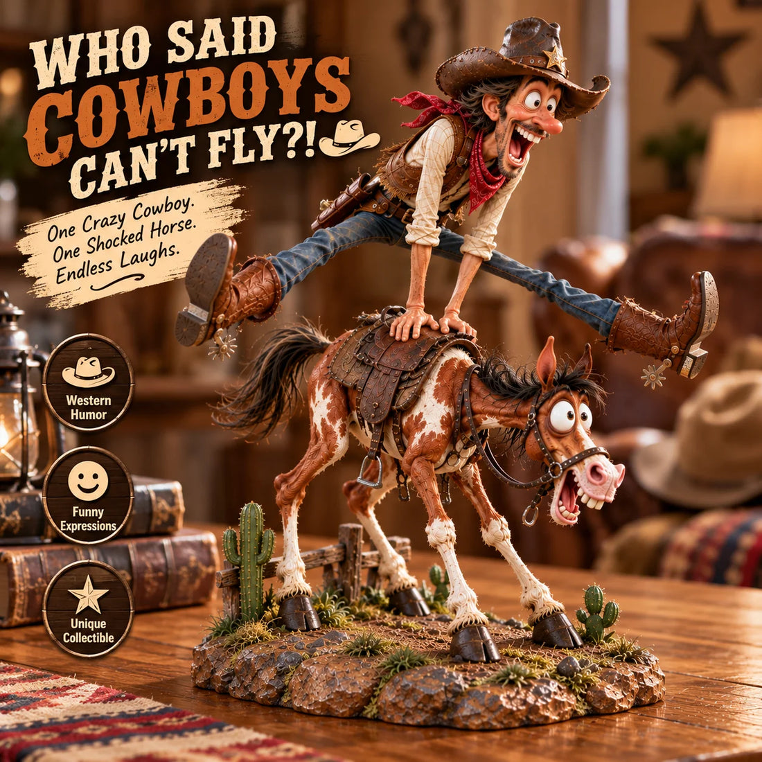 Original Who Said Cowboys Cannot Fly Western humor poster showing the cowboy spreading his legs while his shocked horse reacts