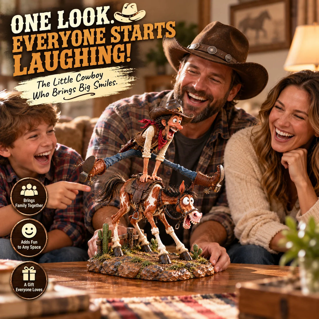 Family smiling and laughing together while looking at the funny cowboy-and-horse figurine on a coffee table