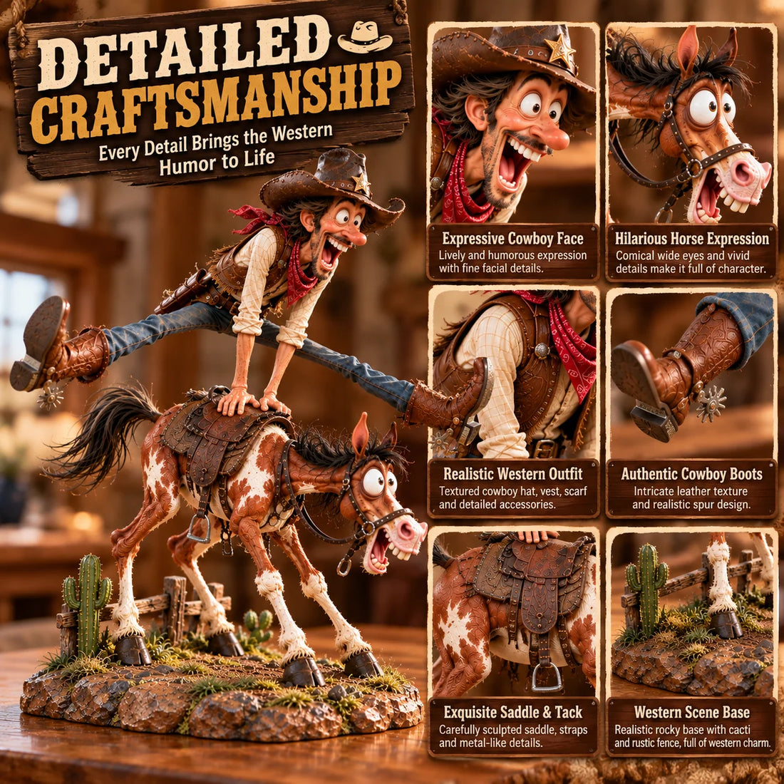 Original six-detail product image showing the cowboy grin, horse expression, cowboy hat and red bandana, boots with spurs, saddle and Western rocky base