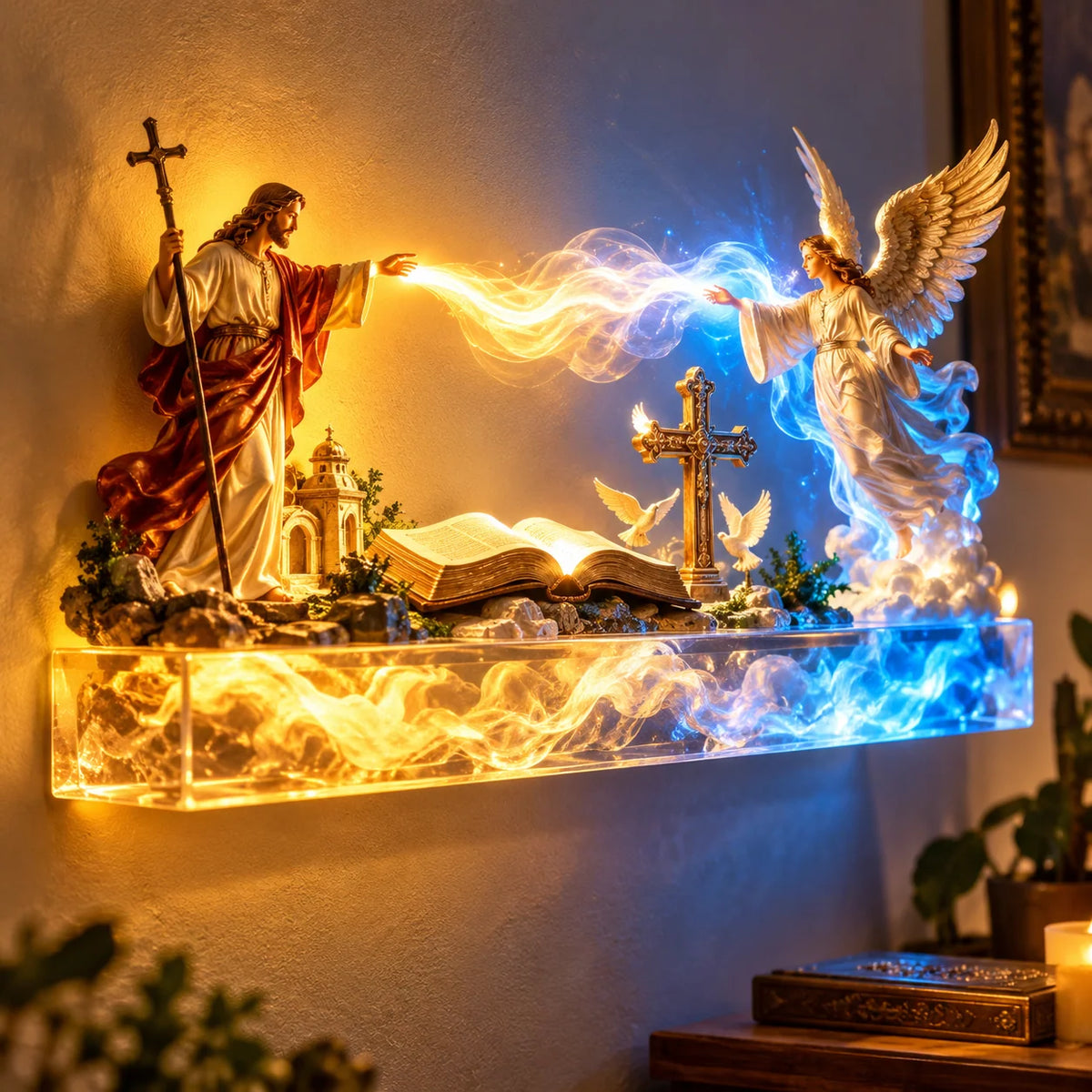 ✝️✨ Divine Light of Faith™ – 3D Lighted Jesus & Angel Wall Art with Glowing Cross