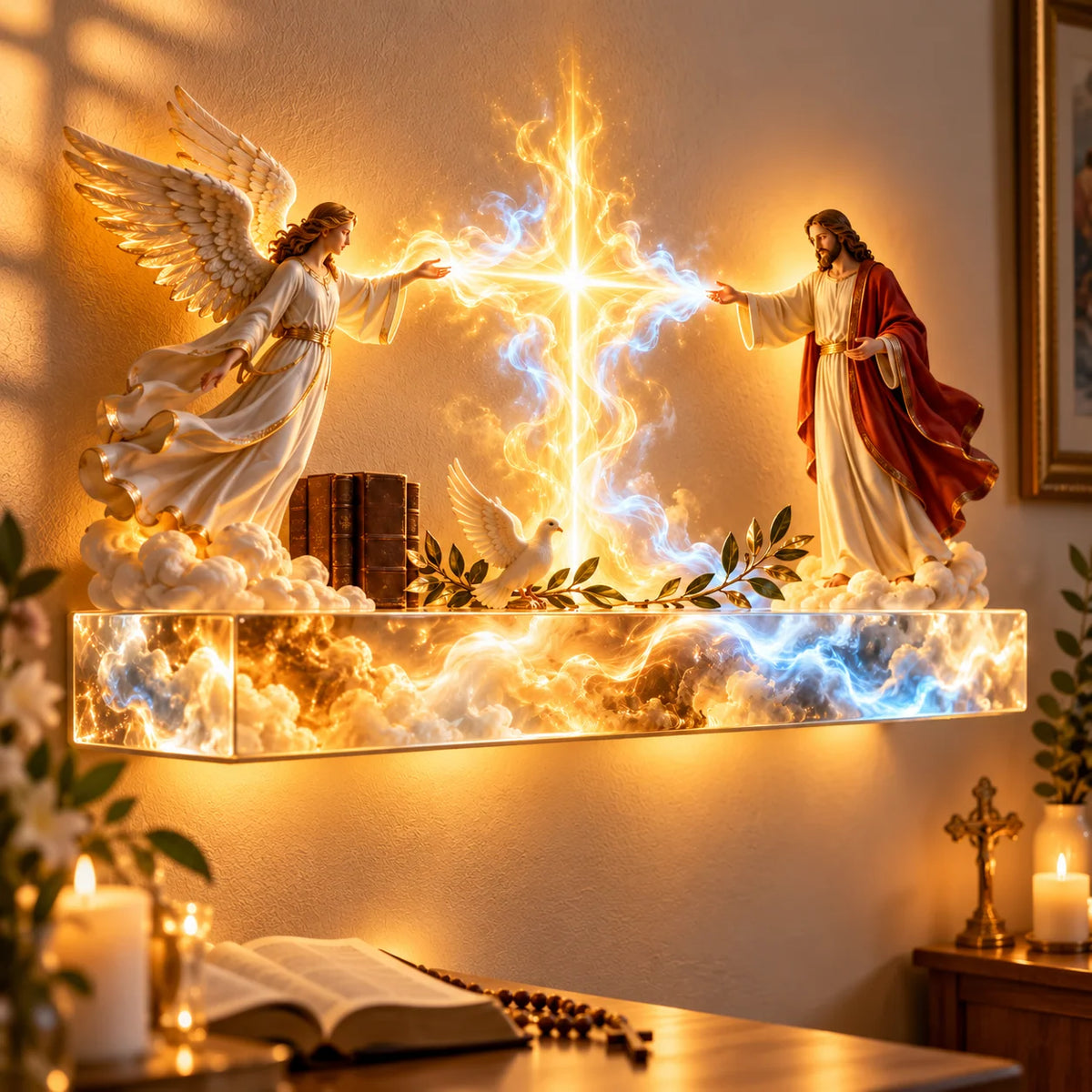 ✝️✨ Divine Light of Faith™ – 3D Lighted Jesus & Angel Wall Art with Glowing Cross