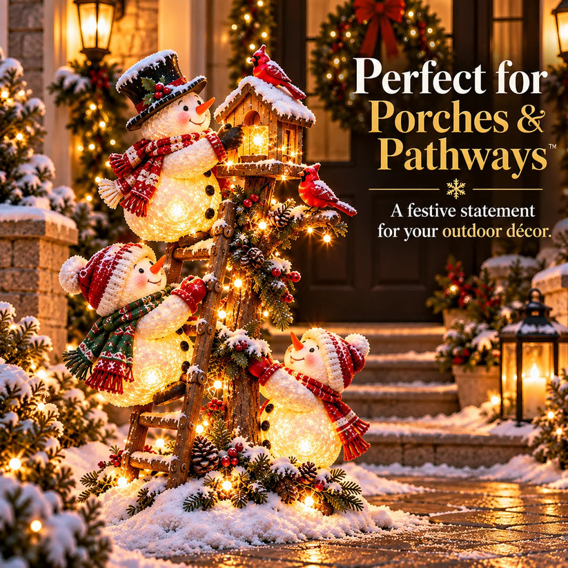 Whimsical snowman ladder Christmas porch decoration