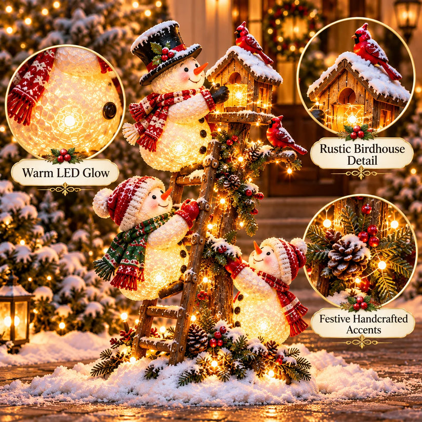 Lighted Christmas snowman and birdhouse decoration