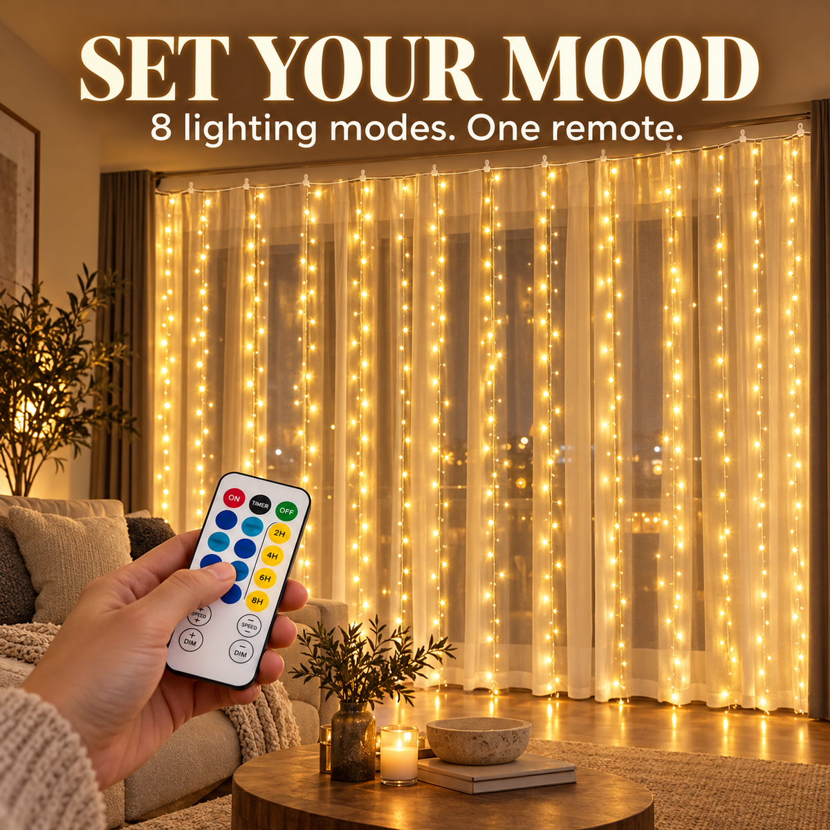 300 LED Curtain Lights – 9.8FT × 9.8FT, 8 Modes, Remote Controlled
