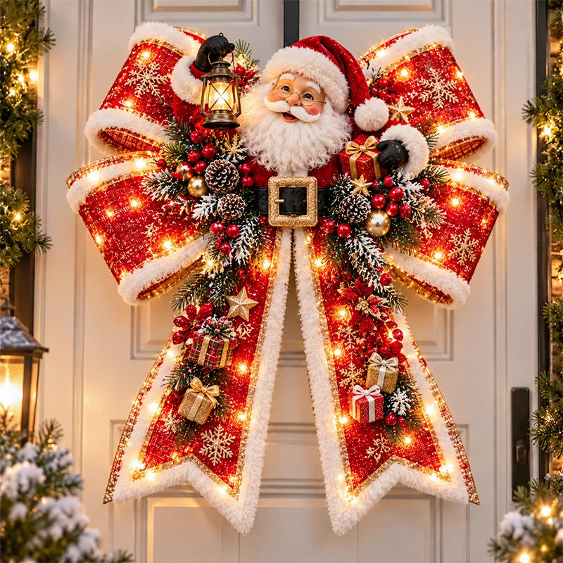 Santa Claus oversized light-up Christmas bow door hanger