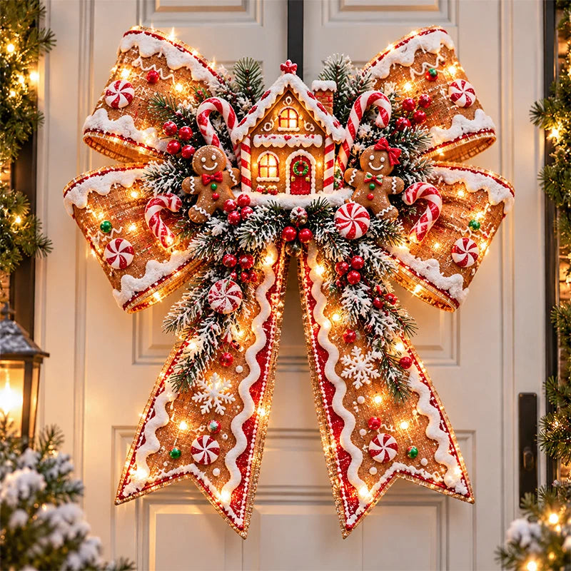 Gingerbread Christmas door bow with candy cane decorations and a festive gingerbread house