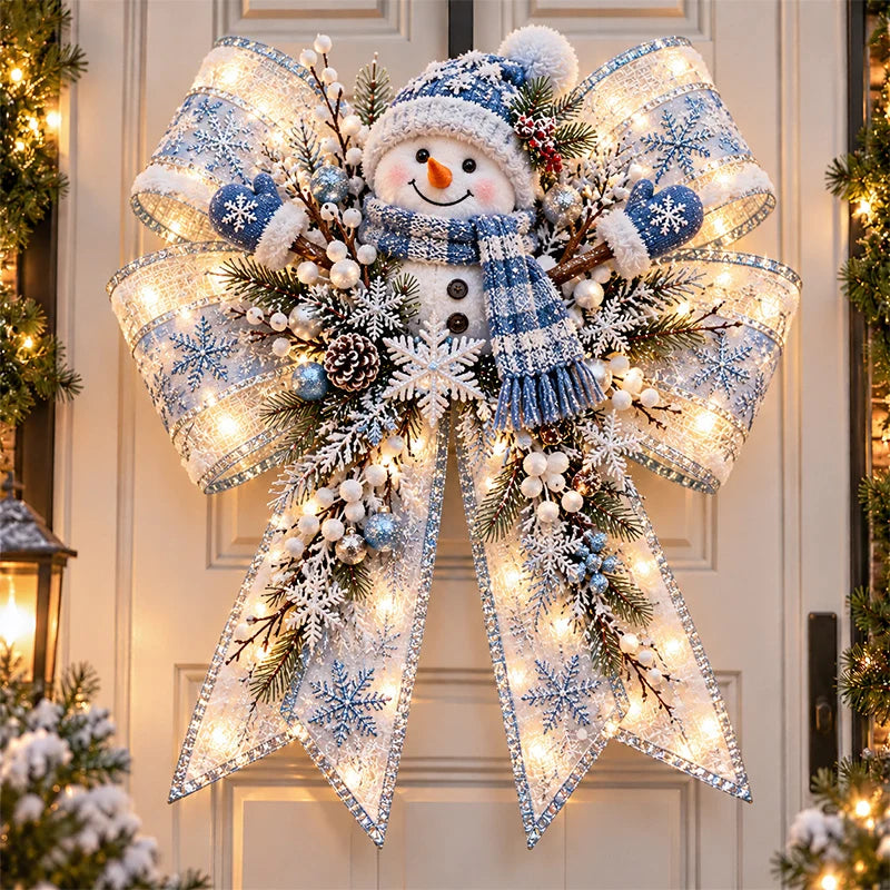 Snowman Christmas bow with frosted blue ribbon and winter decorations