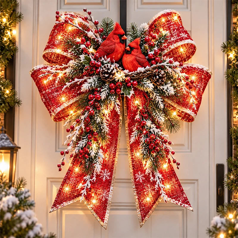 Lighted red Christmas bow door hanger with two cardinals, snowy evergreen branches, berries and pinecones