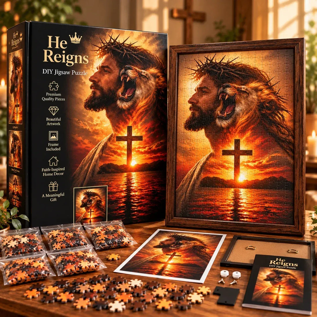 He Reigns DIY Christian jigsaw puzzle product display with puzzle box, loose pieces, picture guide and framed Jesus and Lion of Judah artwork
