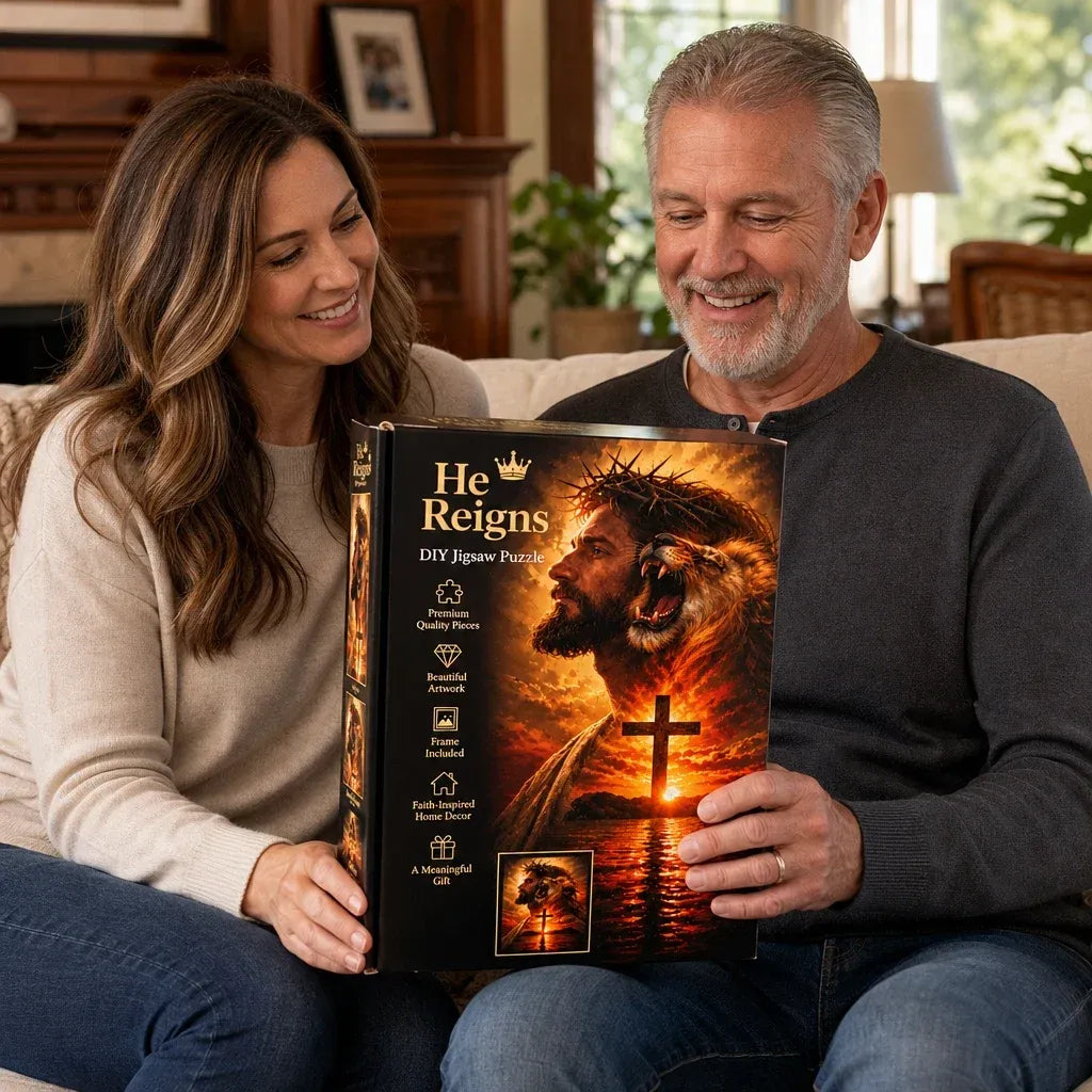 Couple enjoying the He Reigns DIY Christian jigsaw puzzle gift box together on a sofa