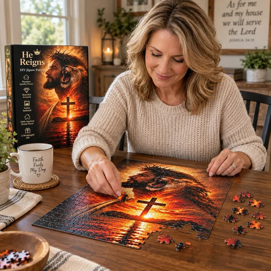 Woman enjoying He Reigns Christian jigsaw puzzle at a wooden dining table with orange pieces and the product box nearby